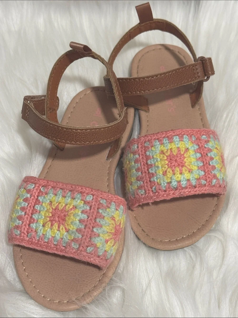 Carter's Toddler Girls Pink Granny Square Crochet Sandals with Tan Ankle Straps